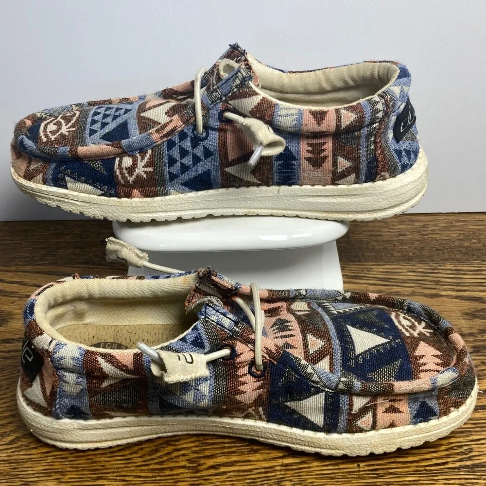 Hey Dude Wally Youth Neon Native Blue Pink Tribal Loafers Shoes 1301399 Size 2-3